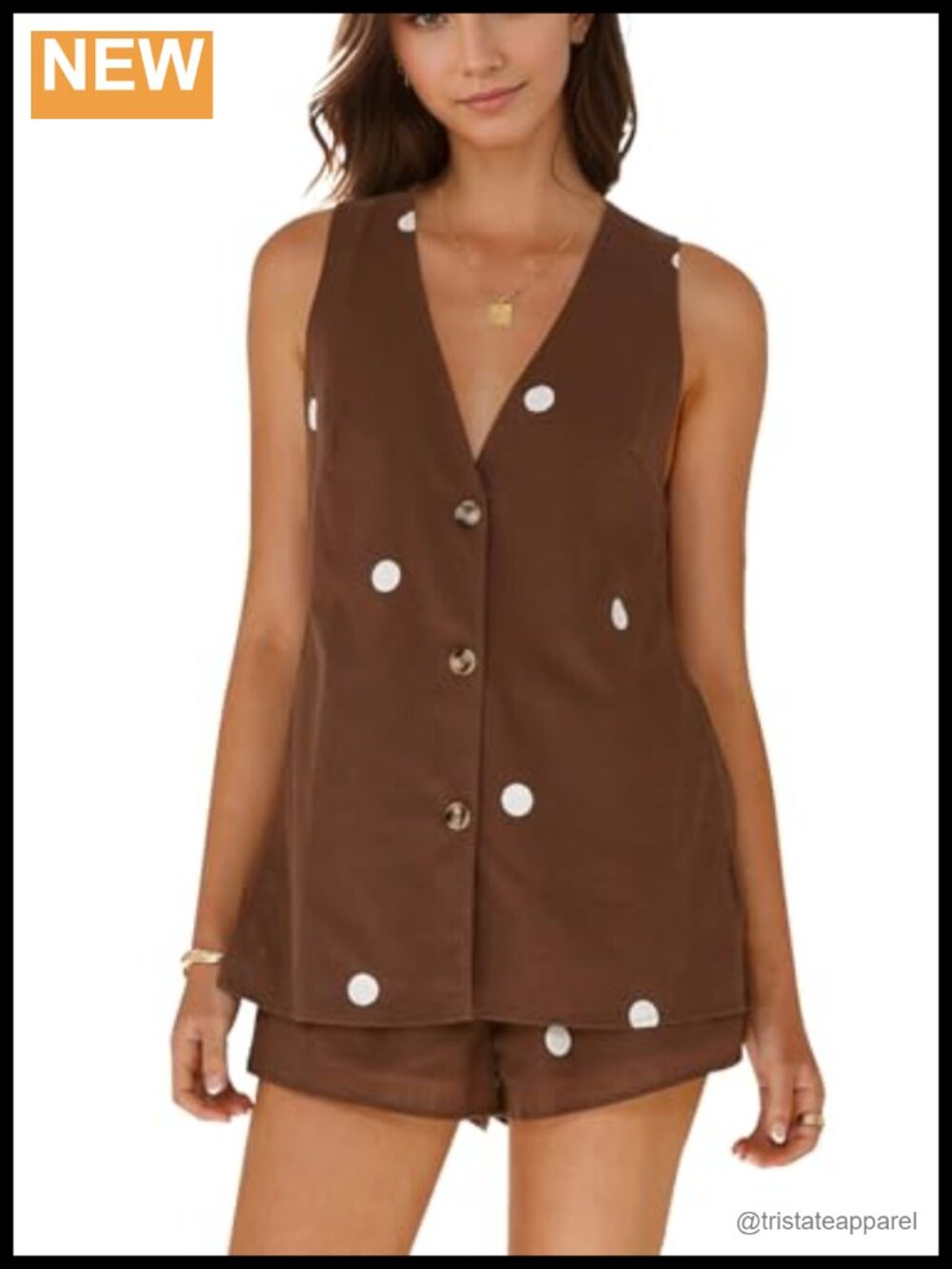Polka Dot Two Piece Lounge Set V Neck Button Tank Top and Shorts